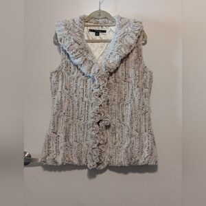 Damselle New York Faux Fur Vest Small White Beige Ruffled Front 2 Hook Closures
